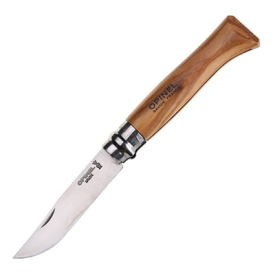 Нож Opinel №8, нерж сталь, полированный клинок, рукоять оливковое дерево, дерев футляр, чехол