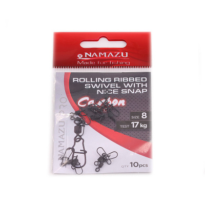 Вертлюг с застеж. Namazu Pro ROLLING RIBBED SWIV. WITH NICE SNAP, Carbon, р. 8, 17 кг (10 шт.)