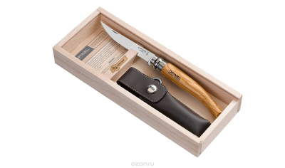 Нож филейный Opinel №10, нержавеющая сталь, рукоять оливковое дерев, чехол, деревянный футляр