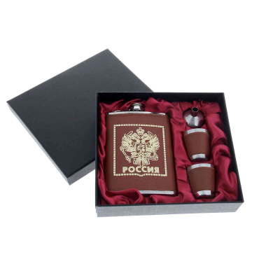 Набор 4 в 1: фляжка 8oz +воронка +рюмка 2шт коричн. тиснение
