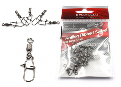 Вертлюг с застеж. Namazu ROLLING RIBBED SWIVEL WITH NICE SNAP, цв. BN, р. 5, 35 кг, катаный (10 шт.)